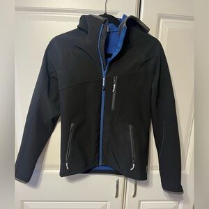 Kids  Black/Blue Zip-Up hooded rain jacket with blue fleece inside. - youth L